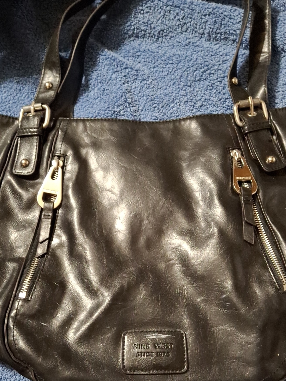 Nine West Black Leather Shoulder Bag with Gold Accents